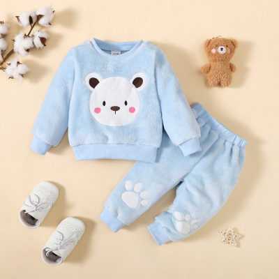 Baby Boy 2 Pieces Solid Color Bear Graphic Fleeced Sweater & Pants for Winter