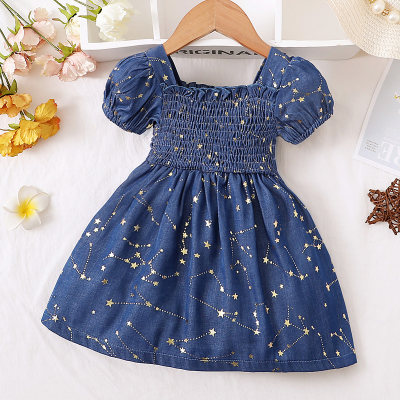 Baby Girl Allover Star Printed Square Neck Short Puff Sleeve Dress