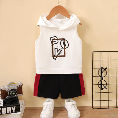 2-piece Baby Boy Letter Printed Hooded Vest & Color-block Patchwork Shorts