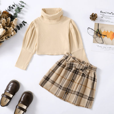 2-piece Toddler Girl Solid Color Lantern Sleeve Turtle Neck Ribbed Sweater & Plaid A-line Skirt