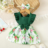 2-قطعة طفلة الأزهار المرقعة Bowknot ديكور فستان بلا أكمام وغطاء رأس  أخضر
