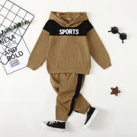 2-piece Toddler Boy Waffle Color-block Patchwork Letter Pattern Hoodie & Matching Pants  Khaki