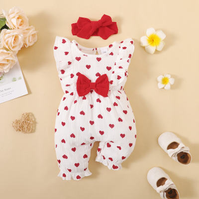 2-piece Baby Girl Pure Cotton Allover Heart Printed Bowknot Decor Sleeveless Boxer Romper & Bowknot Headwrap