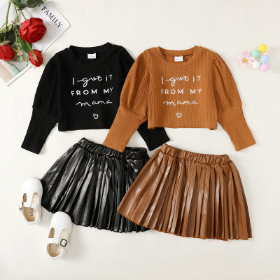 2-piece Toddler Girl Solid Color Letter Printed Gigot Sleeve Top & Leather Pleated Skirt