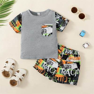 2-piece Baby Boy Letter Printed Patchwork Short Sleeve T-shirt & Matching Shorts