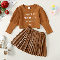 2-piece Toddler Girl Solid Color Letter Printed Gigot Sleeve Top & Leather Pleated Skirt  Brown