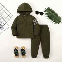 2-piece Toddler Boy Corduroy Letter Print Hooded Top & Matching Pants  Army Green