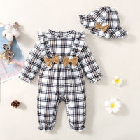 Baby Plaid Bowknot Decor Jumpsuit With Hat  black and white plaid