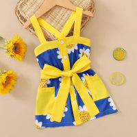 Toddler Girls Elegant Sunflower Bowknot Decor Suspender Skirt  Blue