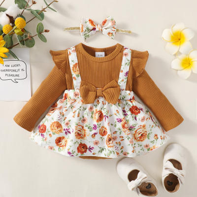Baby Girl 2 Pieces Solid Color Floral Pattern Long Sleeve Dress & Headband