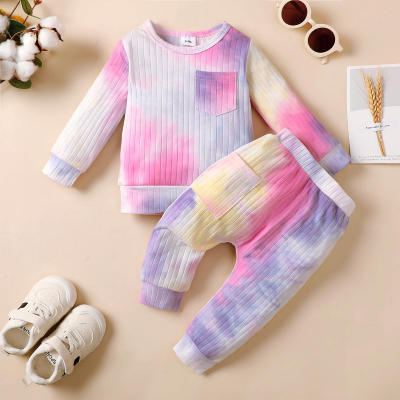 2-piece Baby Girl Tie Dyed Pocket Front Long Sleeve Top & Matching Pants