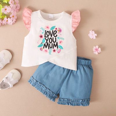 Top e pantaloncini con lettere floreali dolci per bambine