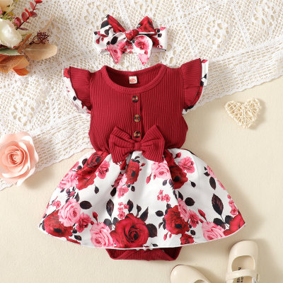 2-piece Baby Girl Floral Patchwork Bowknot Decor Fly Sleeve Romper & Matching Headwrap