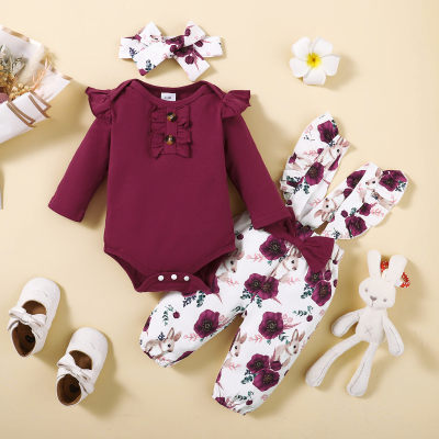 3-piece Baby Girl Solid Color Ruffled Button Front Long Fly Sleeve Romper & Ruffled Allover Floral Pattern Suspender Pants & Bowknot Headwrap