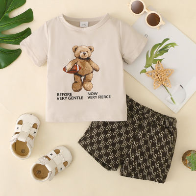 Baby Boy Bear Letter Printed T-Shirts & Monogram Pattern Shorts