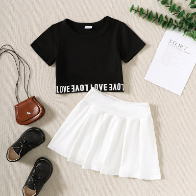 Casual black top + white pleated skirt