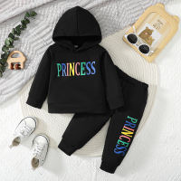 Baby Girl 2 Pieces Solid Color "PRINCESS" Letter Pattern Hooded Sweater & Pants  Black