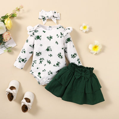 Baby Floral Romper & Solid Color Skirts & Bowknot Decor Headband