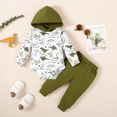 Baby Boy 2 Pieces Dinosaur Printed Long-sleeve Hooded Bodysuit & Pants