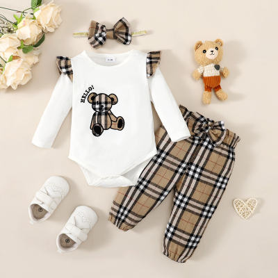 Baby Girl 3 Pieces Bear Pattern Bodysuit & Plaid Pattern Pants & Headband