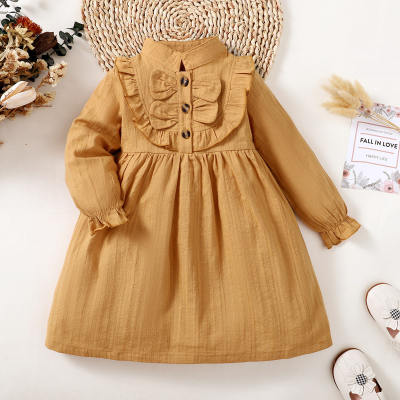 Toddler Girl 100% Cotton Solid Color Ruffled Stand Up Collar Bowknot Decor Button Front Long Lantern Sleeve Dress