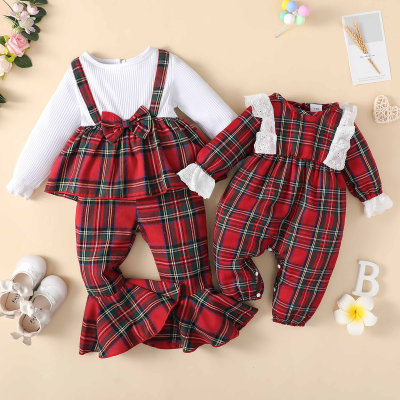 Brother and Sister Plaid Patchwork Bowknot Decor Long Sleeve Top & Matching Flare Pants & Plaid Lace Spliced Long-sleeved Long-leg Romper