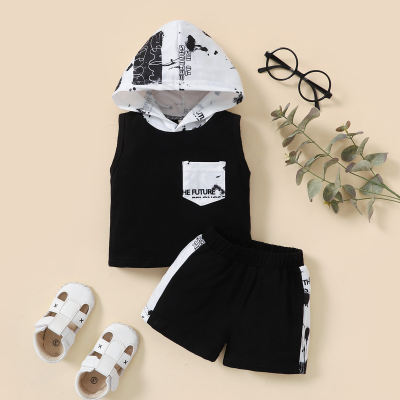 Baby Boy 2 Pieces Color-block Hoodie Sleeveless T-Shirt & Shorts
