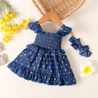 Baby Girl Denim Ruffle Suspender Polka Dot Dress & Headband  Deep Blue