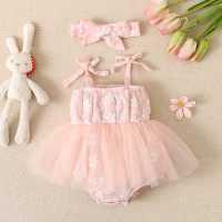 Baby Girl Cute Floral Pattern Lace Mesh Bodysuit With Headband  Pink