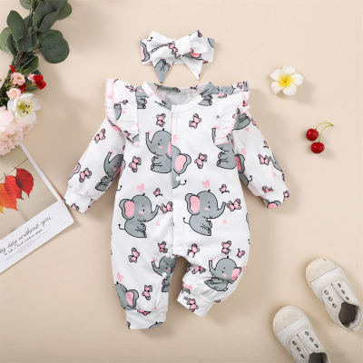 2-piece Baby Girl Ruffled Elephant Printed Button Front Long-sleeved Long-leg Romper & Matching Bowknot Decor Headwrap
