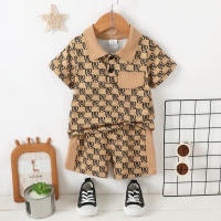 2-piece Toddler Boy Allover Letter Printed Short Sleeve Polo Shirt & Matching Shorts  Apricot
