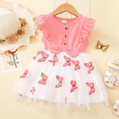 Toddler Girls Cotton Animal Butterfly Color-block Dress