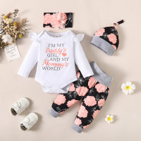 Baby Girl Letter Pattern Romper y pantalones con estampado floral y diadema y sombrero  Negro