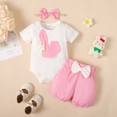 3-piece Baby Girl Bunny and Flower Decor Short Sleeve Romper & Matching Shorts & Headwrap