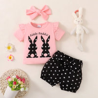 Baby Girl Cute Rabbit Pattern T-shirt & Polka dot Shorts & Headband  Pink