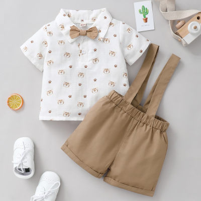 Baby BoyAnimal Tiger Pattern Shirt & Suspender Shorts & Detachable Bow knot 3 Pieces Suit