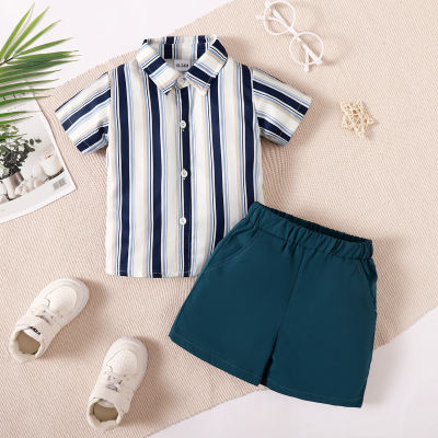 2-piece Toddler Boy Color-block Striped Short Sleeve Shirt & Solid Color Shorts