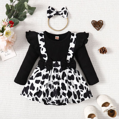 Baby Girl 2 Pieces Solid Color Cattle Pattern Bow-knot Decor Long Sleeve Dress & Headband