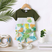 Casual printed patchwork pocket short-sleeved suit  Army Green
