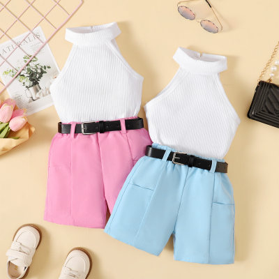 3-piece Toddler Girl Pure Cotton Solid Color Halted Neck Vest & Matching Shorts & Belt