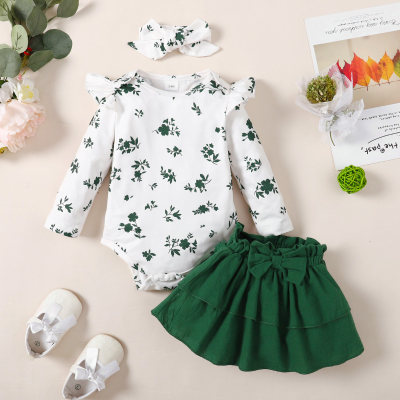 Baby Floral Romper & Solid Color Skirts & Bowknot Decor Headband