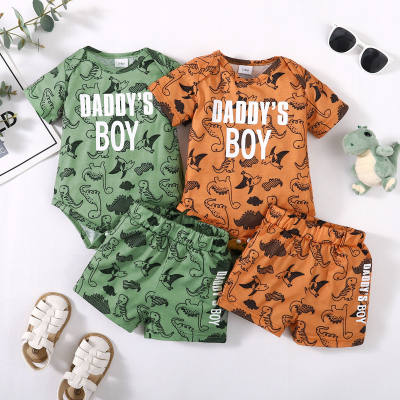 2-piece Baby Boy Allover Dinosaur Pattern Letter Printed Short Sleeve Romper & Matching Shorts