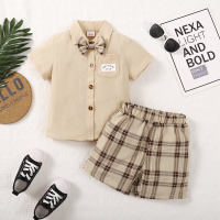 2-piece Toddler Boy Solid Color Bowtie Decor Short Sleeve Shirt & Plaid Shorts  Khaki