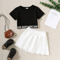 Casual black top + white pleated skirt  Black