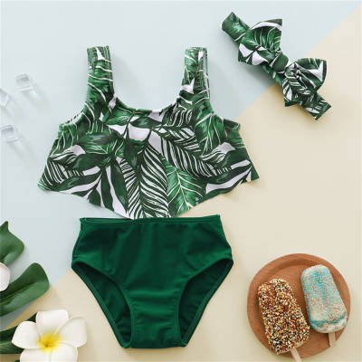 3-piece Toddler Girl Allover Tropical Floral Printed Swimwear Suit & Matching Headwrap