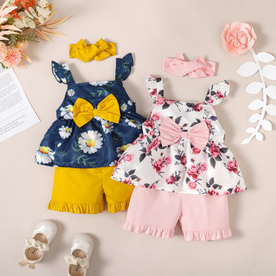 3-piece Toddler Girl Floral Printed Bowknot Decor Sleeveless Blouse & Solid Color Shorts & Bowknot Headwrap