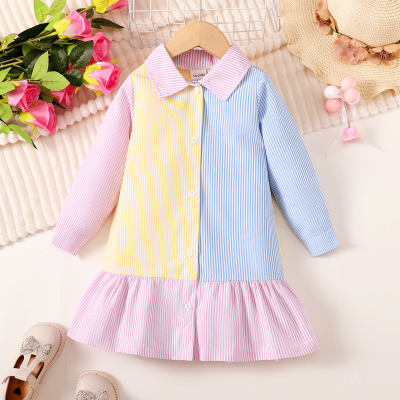 Toddler Girl Color Block Patchwork Button Long Sleeve Shirt Dress