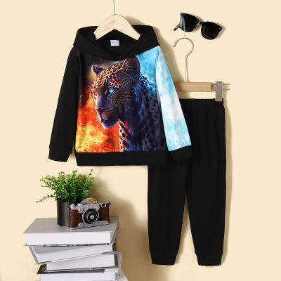 Conjunto de 2 piezas con capucha y pantalones de color liso con estampado de leopardo y bloques de color para niño pequeño