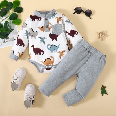 Baby Boy 2 Pieces Dinosaur Pattern Color-block Bodysuit & Pants
