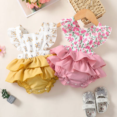 Baby Girl Color-block Floral Ruffle Dress Ruffle-sleeve Bodysuit